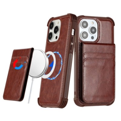 For Apple iPhone 14 PRO MAX 6.7" Magnetic Ring Compatible Deattachable PU Leather Hybrid Wallet Money Card Holder with Lanyard - Brown
