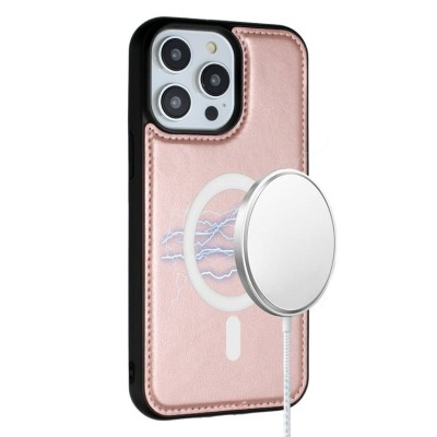 For Apple iPhone 14 PRO MAX 6.7" Magnetic Ring Compatible Deattachable PU Leather Hybrid Wallet Money Card Holder with Lanyard - Rose Gold