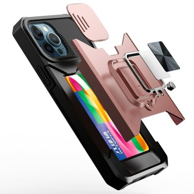 For Apple iPhone 14 PRO MAX 6.7" Multi-Functional Card Magnetic Ring Stand Hybrid Camera Case Cover - Rose Gold