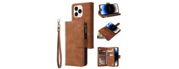 For Apple iPhone 14 PRO MAX 6.7" Multi-Functional Cards Slot Wrist Strap Vegan Leather Case Cover - Tan