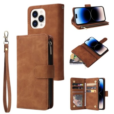 For Apple iPhone 14 PRO MAX 6.7" Multi-Functional Cards Slot Wrist Strap Vegan Leather Case Cover - Tan