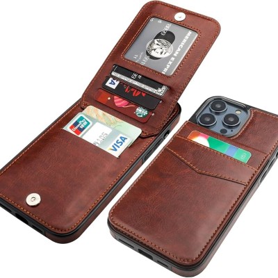 For Apple iPhone 14 PRO MAX 6.7" Multi-Functional Cards Slot Wrist Strap Vegan Leather Case Cover - Brown