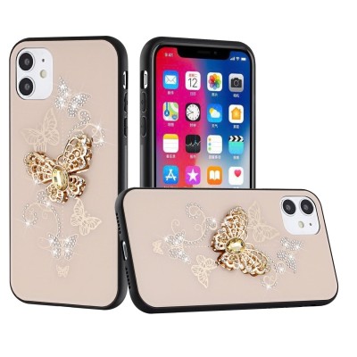 For Apple iPhone 14 PRO MAX 6.7" Passion Square Hearts Diamond Glitter Ornaments Engraving Case Cover - Garden Butterflies White