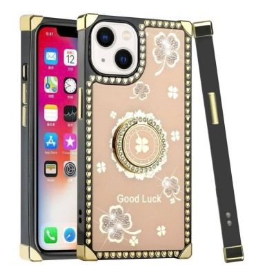 For Apple iPhone 14 PRO MAX 6.7" Passion Square Hearts Diamond Glitter Ornaments Engraving Case Cover - Good Luck Floral Gold
