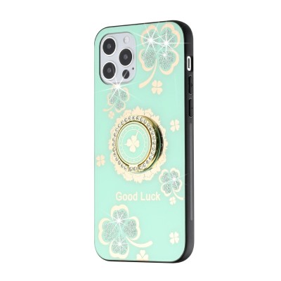 For Apple iPhone 14 PRO MAX 6.7" Passion Square Hearts Diamond Glitter Ornaments Engraving Case Cover - Good Luck Floral Teal