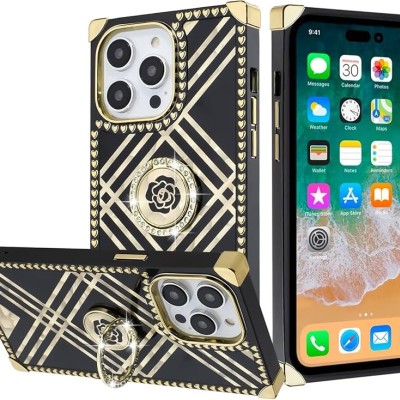 For Apple iPhone 14 PRO MAX 6.7" Passion Square Hearts IMD Design with Diamond Ring Stand Case Cover - B