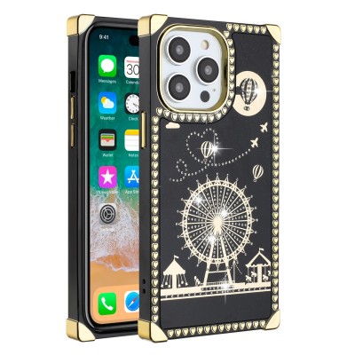 For Apple iPhone 14 PRO MAX 6.7" Passion Square Hearts Smiling Diamond Ring Stand Case Cover - Black