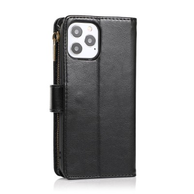 For Apple iPhone 14 PRO MAX 6.7" Purse Style Wallet Card ID Money Holder with Zip containing Long & Short Lanyard - Black