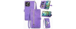 For Apple iPhone 14 PRO MAX 6.7" Purse Style Wallet Card ID Money Holder with Zip containing Long & Short Lanyard -Bright Purple