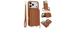 For Apple iPhone 14 PRO MAX 6.7" Purse Style Wallet Card ID Money Holder with Zip containing Long & Short Lanyard - Brown