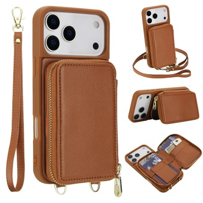 For Apple iPhone 14 PRO MAX 6.7" Purse Style Wallet Card ID Money Holder with Zip containing Long & Short Lanyard - Brown