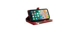 For Apple iPhone 14 PRO MAX 6.7" Purse Style Wallet Card ID Money Holder with Zip containing Long & Short Lanyard - Red
