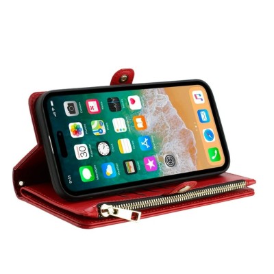 For Apple iPhone 14 PRO MAX 6.7" Purse Style Wallet Card ID Money Holder with Zip containing Long & Short Lanyard - Red