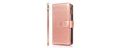 For Apple iPhone 14 PRO MAX 6.7" Purse Style Wallet Card ID Money Holder with Zip containing Long & Short Lanyard - Rose Gold
