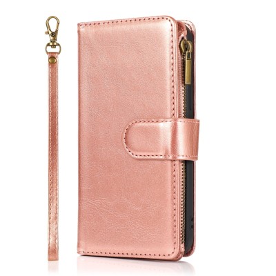 For Apple iPhone 14 PRO MAX 6.7" Purse Style Wallet Card ID Money Holder with Zip containing Long & Short Lanyard - Rose Gold