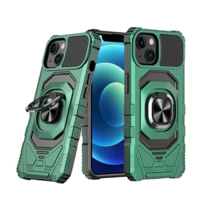 For Apple iPhone 14 PRO MAX 6.7" Robotic Hybrid with Magnetic Ring Stand Case Cover - Midnight Green