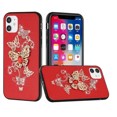 For Apple iPhone 14 PRO MAX 6.7" SPLENDID Diamond Glitter Ornaments Engraving Case Cover - Garden Butterflies Red