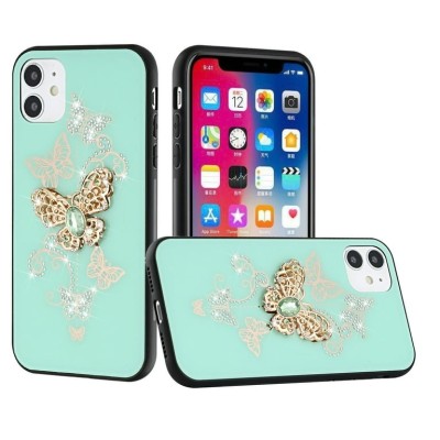 For Apple iPhone 14 PRO MAX 6.7" SPLENDID Diamond Glitter Ornaments Engraving Case Cover - Garden Butterflies Teal