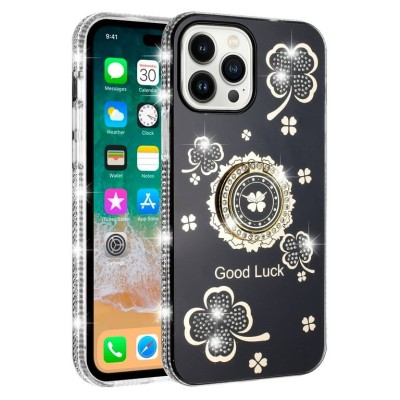For Apple iPhone 14 PRO MAX 6.7" SPLENDID Glitter Good Luck Floral Design TPU Case Cover - Black