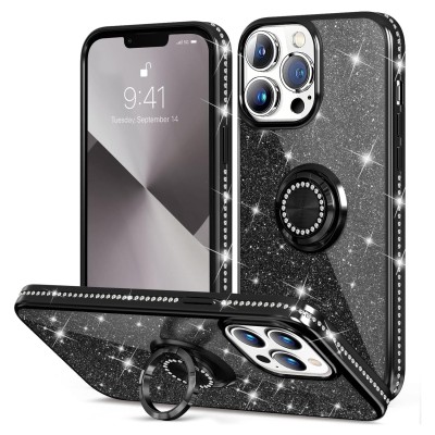 For Apple iPhone 14 PRO MAX 6.7" SQUARE Passion Glitter Diamond Ring Stand Case Cover - BLACK CHROME D