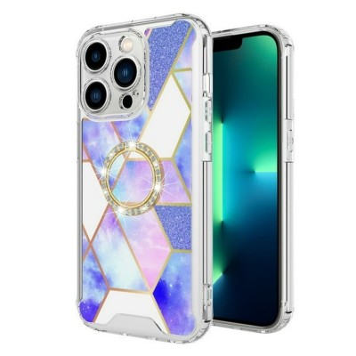 For Apple iPhone 14 PRO MAX 6.7" SQUARE Passion Glitter Diamond Ring Stand Case Cover - Floral Design Purple