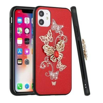 For Apple iPhone 14 PRO MAX 6.7" SQUARE Passion Glitter Diamond Ring Stand Case Cover - Floral Design Red