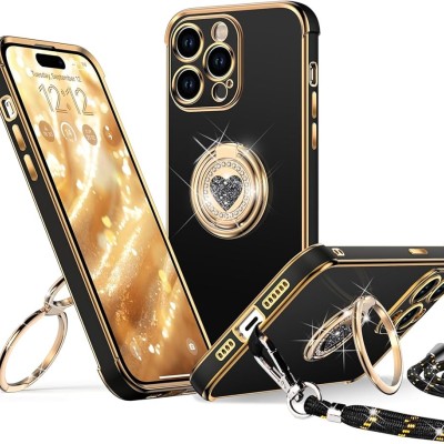 For Apple iPhone 14 PRO MAX 6.7" SQUARE Passion Glitter Diamond Ring Stand Case Cover - Heart Design Gold