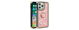 For Apple iPhone 14 PRO MAX 6.7" SQUARE Passion Glitter Diamond Ring Stand Case Cover - Heart Design Pink