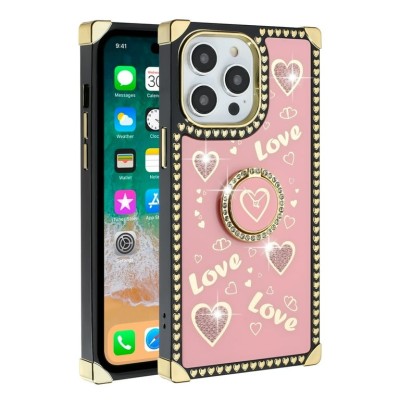 For Apple iPhone 14 PRO MAX 6.7" SQUARE Passion Glitter Diamond Ring Stand Case Cover - Heart Design Pink