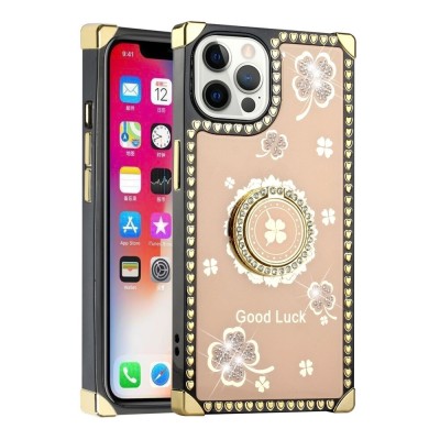 For Apple iPhone 14 PRO MAX 6.7" Square Passion Hearts Bling Glitter Floral Ring Stand Case Cover - Pink