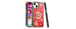 For Apple iPhone 14 PRO MAX 6.7" Square Passion Hearts Bling Glitter Floral Ring Stand Case Cover - Red