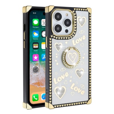 For Apple iPhone 14 PRO MAX 6.7" Square Passion Hearts Bling Glitter Love Design Ring Stand Case Cover - White