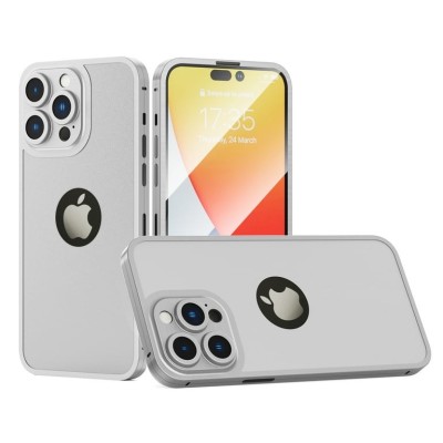 For Apple iPhone 14 PRO MAX 6.7" Tempered 2in1 3D Full Protection Hybrid Zinc Alloy Ultra Thin with Logo Hole Case Cover - Rose Gold