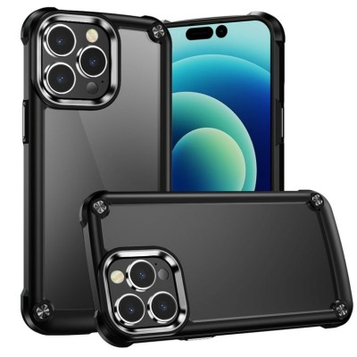For Apple iPhone 14 PRO MAX 6.7" Transparent Clear Hybrid with Matching Metal Buttons and Camera Protection - Black