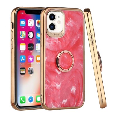 For Apple iPhone 14 PRO MAX 6.7" Unique IMD Design Magnetic Ring Stand Cover Case - Mesh Marble on Pink