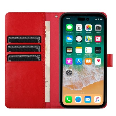 For Apple iPhone 14 PRO MAX 6.7" Wallet Premium PU Vegan Leather ID Multiple Card Holder Money with Strap - Red