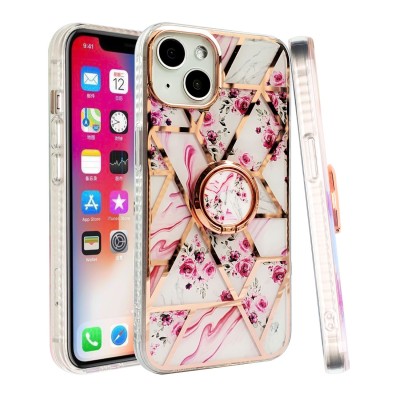 For Apple iPhone 14 PRO MAX 6.7" Superior RoseGold Chromed Edge IMD Ring Stand Design Case Cover - C