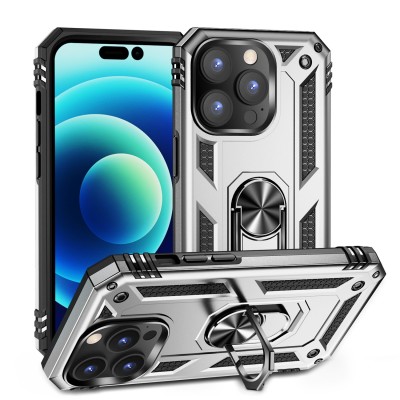 For Apple iPhone 14 PRO 6.1" Multi-Functional Card Magnetic Ring Stand Hybrid Camera Case Cover - Silver