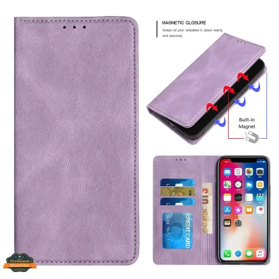 For Apple iPhone 14 PRO MAX 6.7" Wallet Premium PU Vegan Leather ID Card Money Holder with Magnetic Closure - Purple