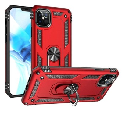 For Apple iPhone 14 PRO 6.1" Robotic Hybrid with Magnetic Ring Stand Case Cover - Red