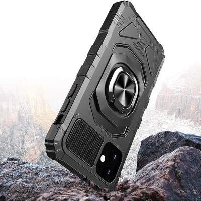 For Apple iPhone 14 PRO 6.1" Robotic Hybrid with Magnetic Ring Stand Case Cover - Black