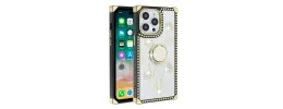 For Apple iPhone 14 PRO 6.1" Square Passion Hearts Bling Glitter Floral Ring Stand Case Cover - White