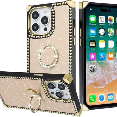 For Apple iPhone 14 PRO 6.1" SQUARE Passion Glitter Diamond Ring Stand Case Cover - Floral Design Gold