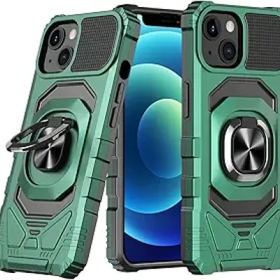 For Apple iPhone 14 PRO 6.1" Robotic Hybrid with Magnetic Ring Stand Case Cover - Midnight Green