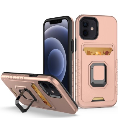 For Apple iPhone 14 6.1" Card Holder with Magnetic Ring Stand Hybrid Case Cover - Rose Gold