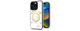For Apple iPhone 14 PRO 6.1" Smiling Glitter Ornament Bling With Ring Stand Hybrid Case Cover - White