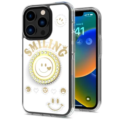 For Apple iPhone 14 PRO 6.1" Smiling Glitter Ornament Bling With Ring Stand Hybrid Case Cover - White