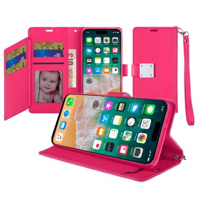 For Apple iPhone 14 6.1" Wallet ID Card Holder Case Cover - Hot Pink