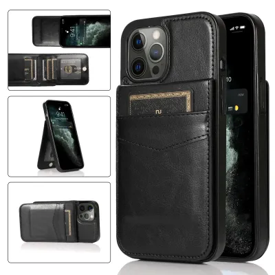 For Apple iPhone 14 PRO 6.1" Retro Wallet Card Holder Case Cover - Black