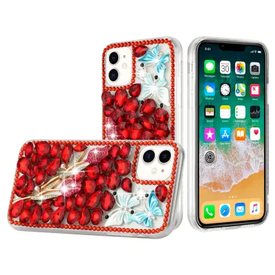 For Apple iPhone 14 PRO 6.1" Full Diamond with Ornaments Case Cover - Red Exquisite Garden